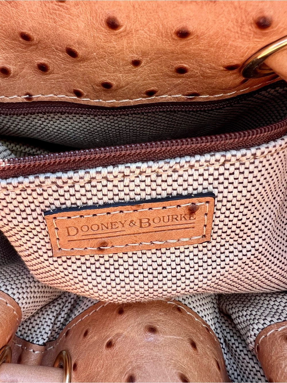 Dooney & Bourke Tan Ostrich-Embossed Leather Drawstring Bucket Bag - Picture 6 of 8